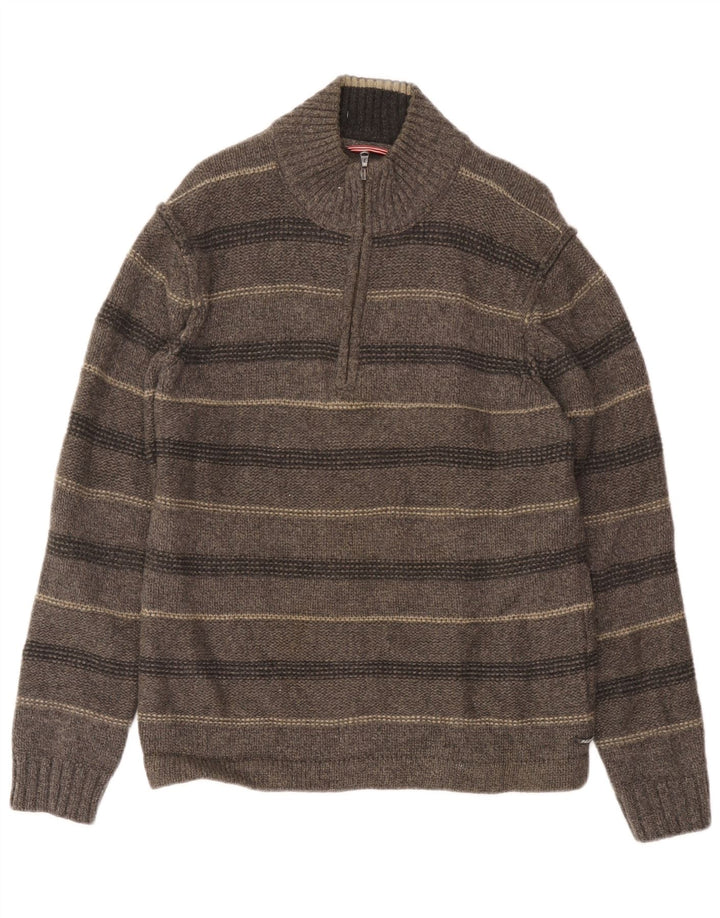 Suéter masculino branco com zíper e gola em lã de cordeiro grande listrada cinza