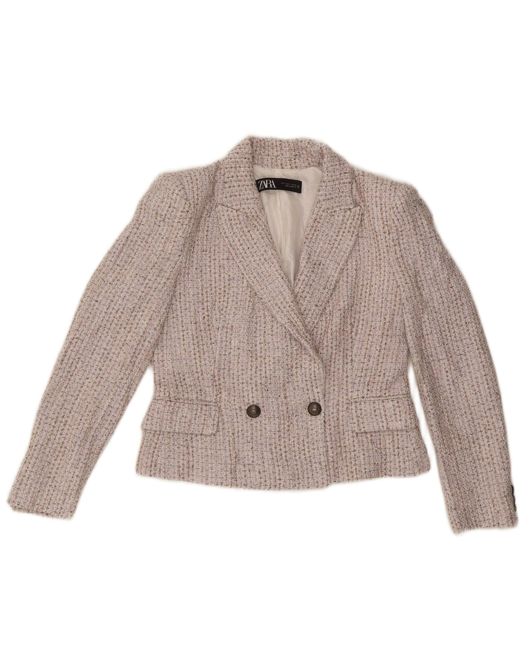 Jaqueta blazer feminina Zara com peito duplo UK 10 pequena bege manchada