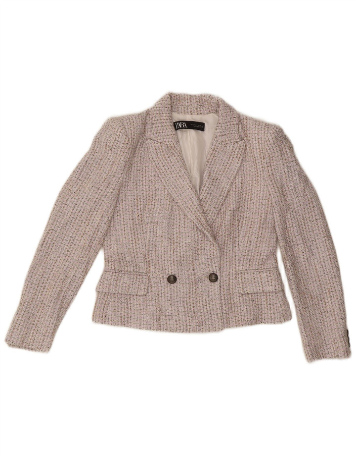 Jaqueta blazer feminina Zara com peito duplo UK 10 pequena bege manchada