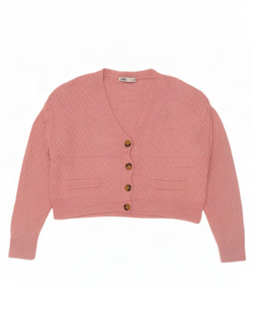 Zara Suéter Cardigan Feminino Crop Oversized Reino Unido 14 Médio Rosa Chevron