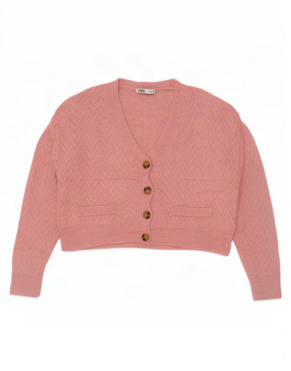 Zara Suéter Cardigan Feminino Crop Oversized Reino Unido 14 Médio Rosa Chevron