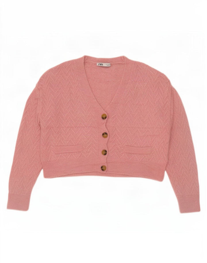 Zara Suéter Cardigan Feminino Crop Oversized Reino Unido 14 Médio Rosa Chevron