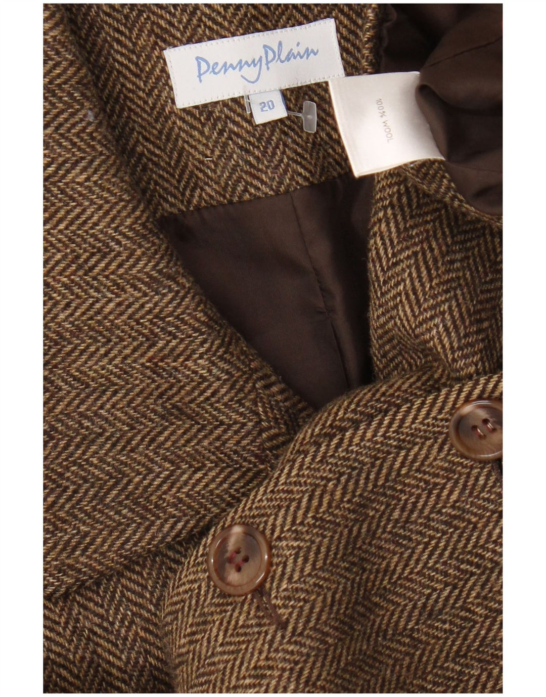 Jaqueta blazer feminina Penny Plain com 4 botões Reino Unido 20 2XL lã espinha de peixe marrom