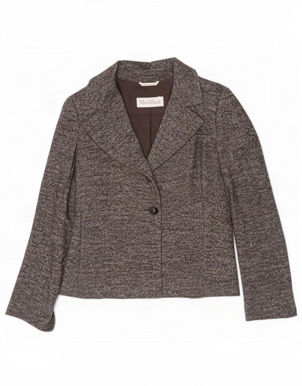 Jaqueta blazer feminina Max Mara com 1 botão Reino Unido 12 lã espinha de peixe cinza médio