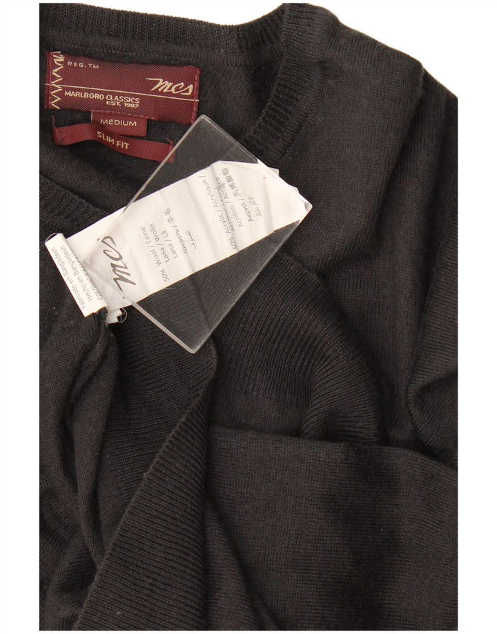 Suéter masculino Marlboro Classics Slim Fit com decote em V de lã preta média