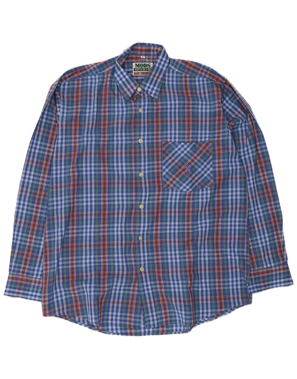 Camisa masculina vintage poliéster xadrez azul médio