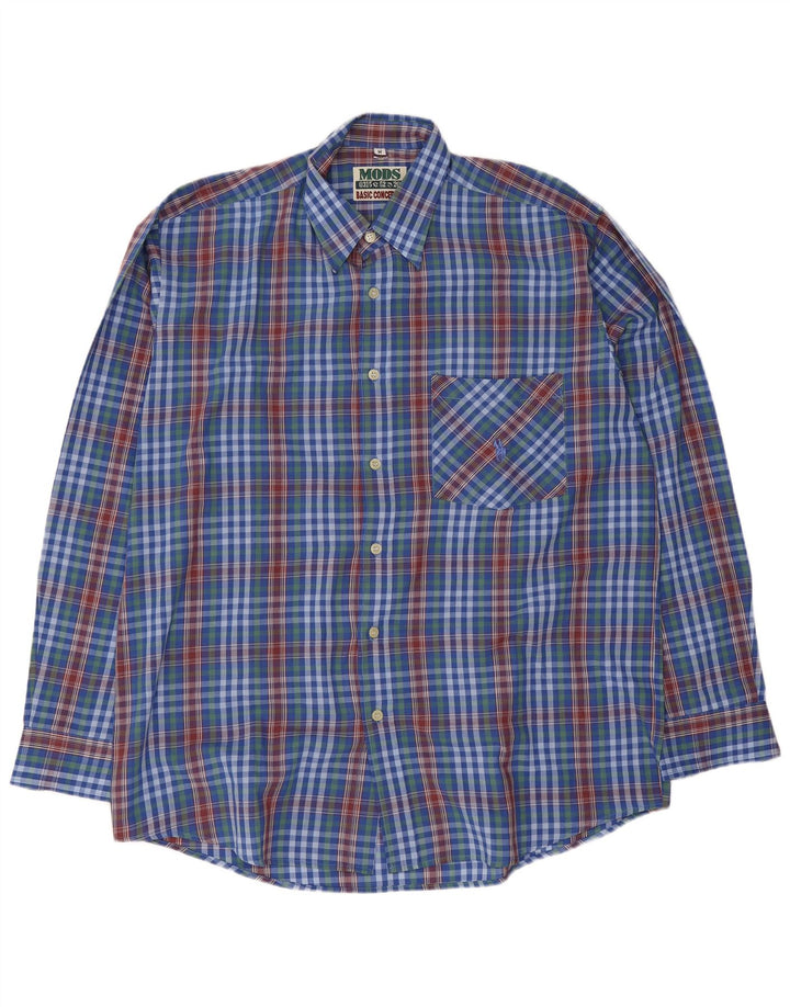 Camisa masculina vintage poliéster xadrez azul médio