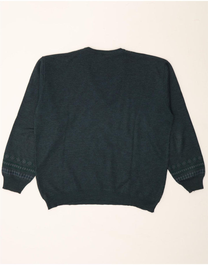 BERNARDINI Mens Loose Fit V-Neck Jumper Sweater Medium Navy Blue Floral Vintage Bernardini and Second-Hand Bernardini from Messina Hembry 