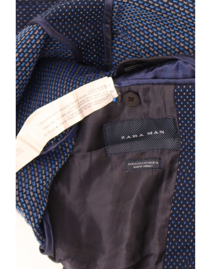 Jaqueta blazer masculina Zara com 2 botões EU 50 algodão manchado azul marinho médio