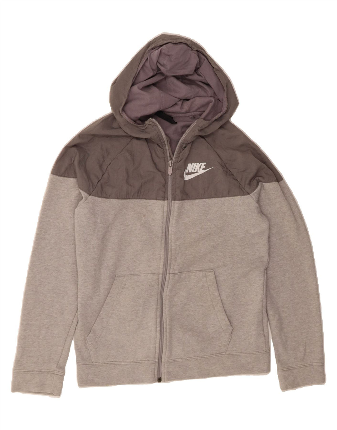 NIKE Boys Zip Hoodie Sweater 13-14 Years XL Grey Colourblock Cotton Vintage Nike and Second-Hand Nike from Messina Hembry 