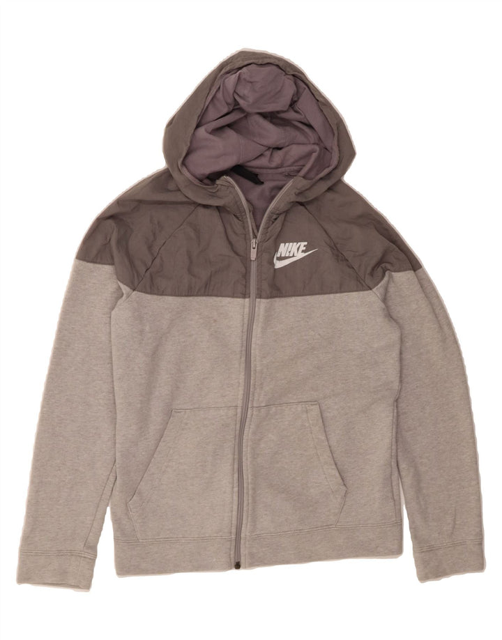 NIKE Boys Zip Hoodie Sweater 13-14 Years XL Grey Colourblock Cotton Vintage Nike and Second-Hand Nike from Messina Hembry 