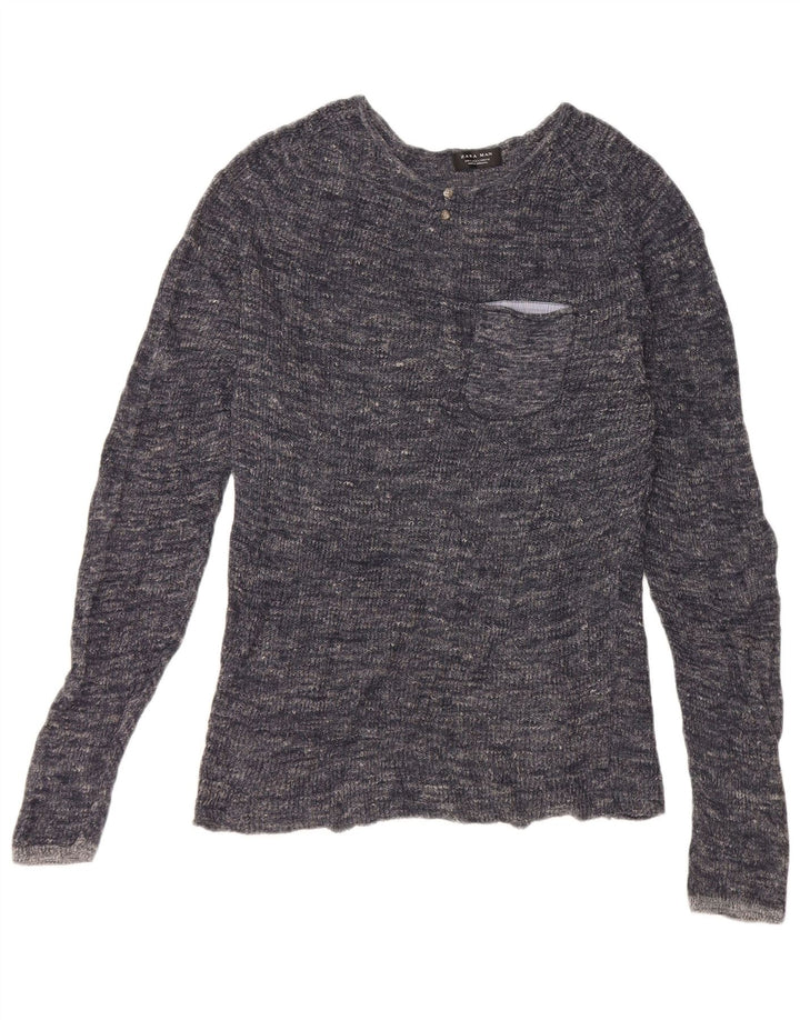 Zara Suéter masculino com gola redonda grande azul marinho manchado