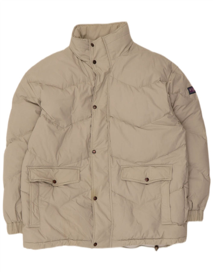 Jaqueta acolchoada com capuz masculina vintage UK 42 XL poliéster bege