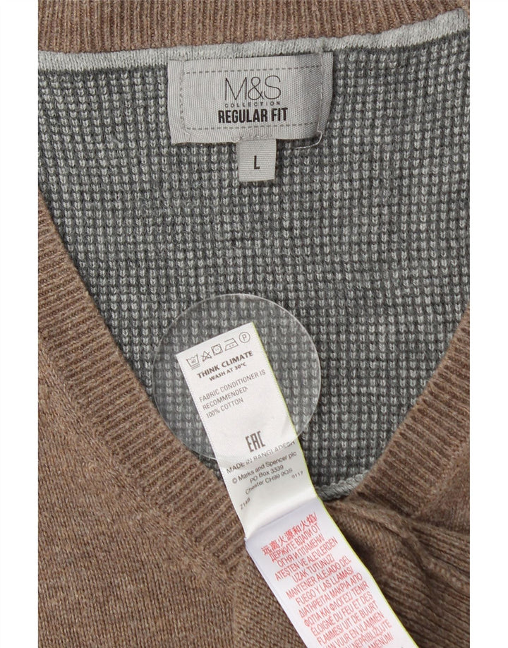 Suéter masculino MARKS & SPENCER com ajuste regular e decote em V, grande algodão marrom