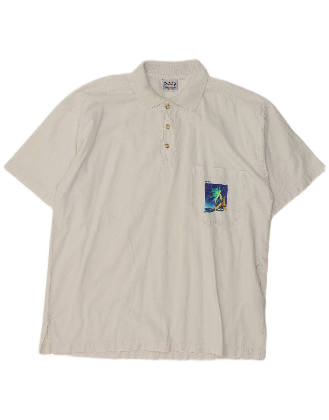 Camisa polo masculina VINTAGE de algodão branco médio