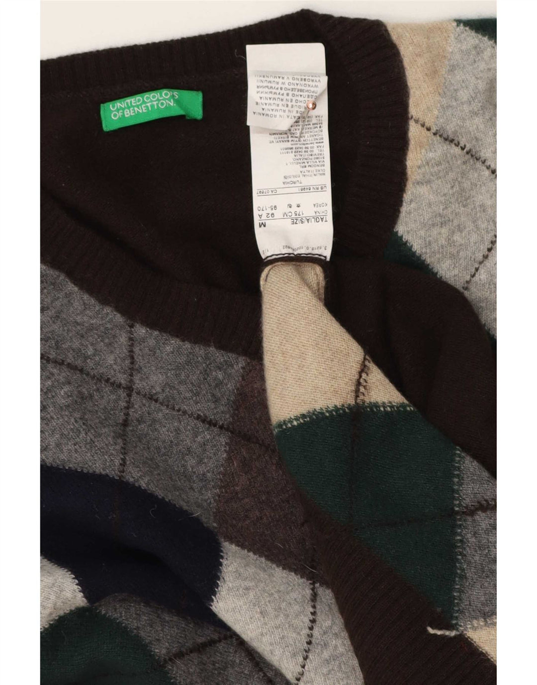 Suéter masculino Benetton com decote em V, marrom médio, lã argyle/diamante