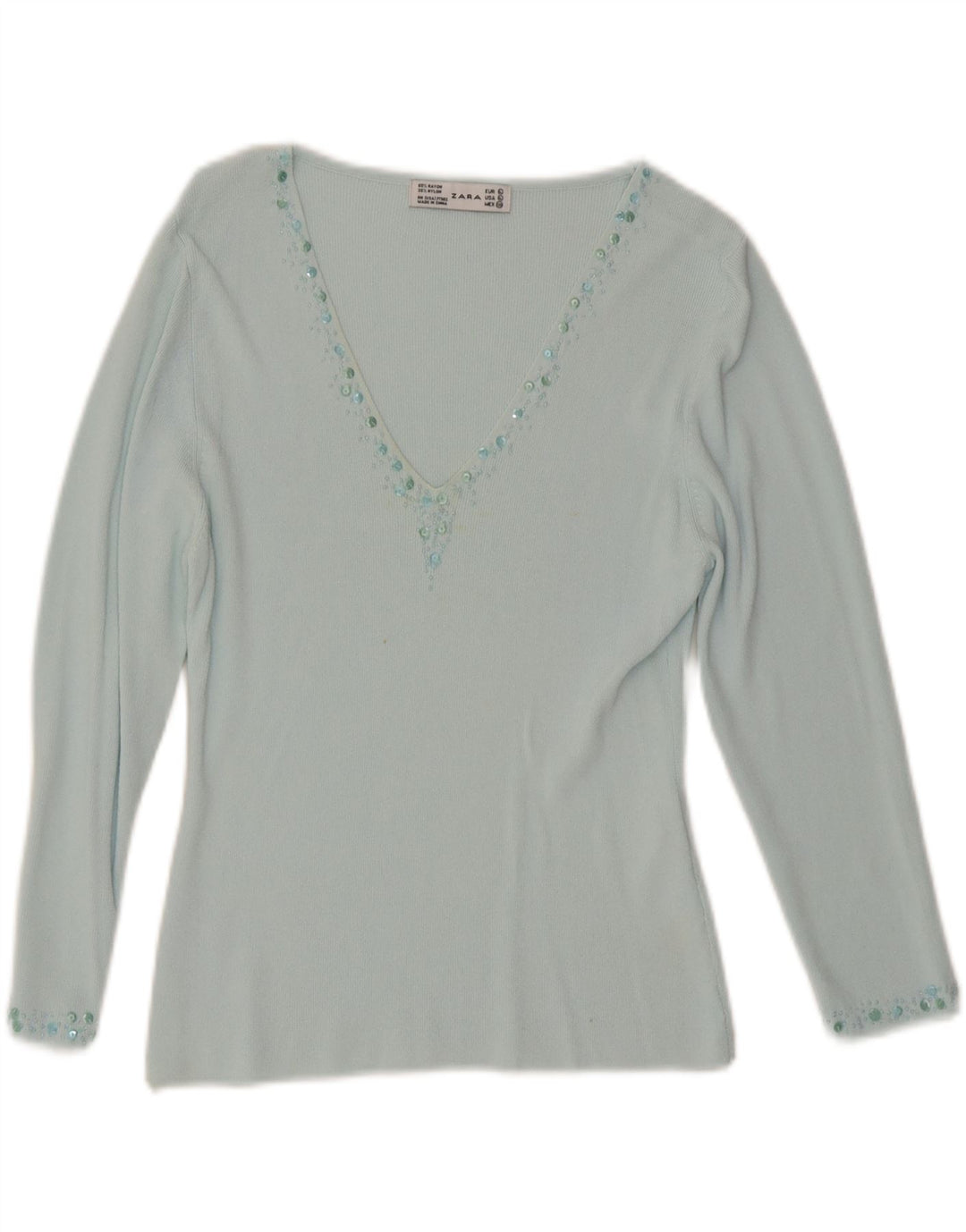 Zara Top feminino manga 3/4 grande rayon turquesa