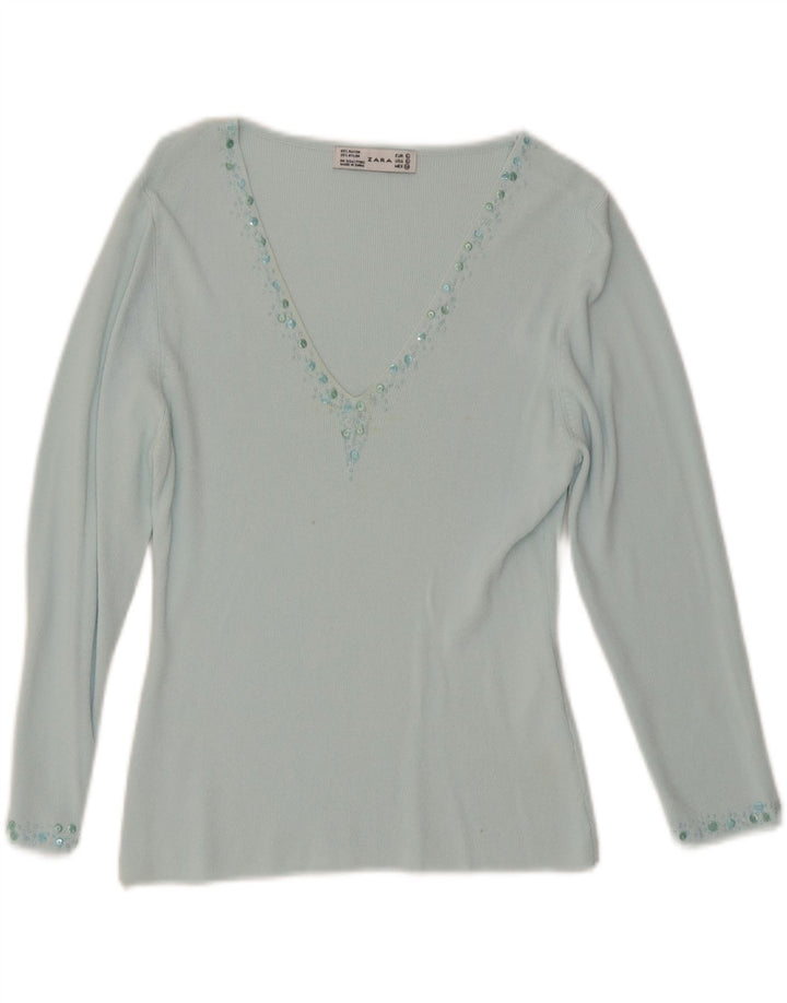 Zara Top feminino manga 3/4 grande rayon turquesa