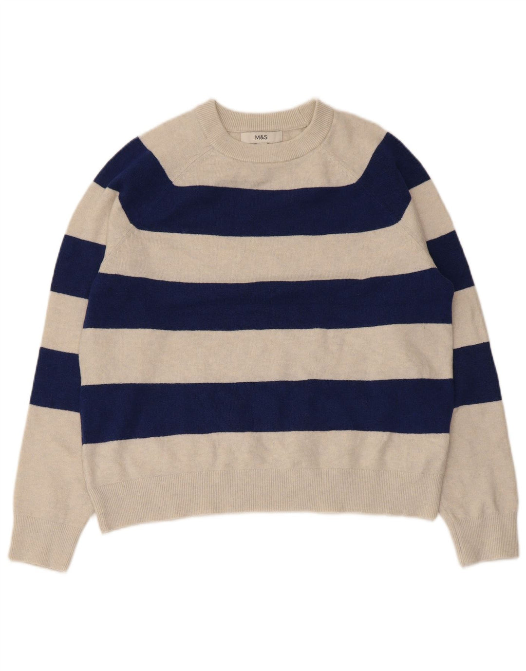 Suéter feminino Marks & Spencer com gola redonda UK 14 listrado bege médio