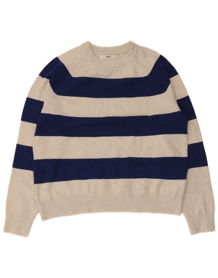Suéter feminino Marks & Spencer com gola redonda UK 14 listrado bege médio