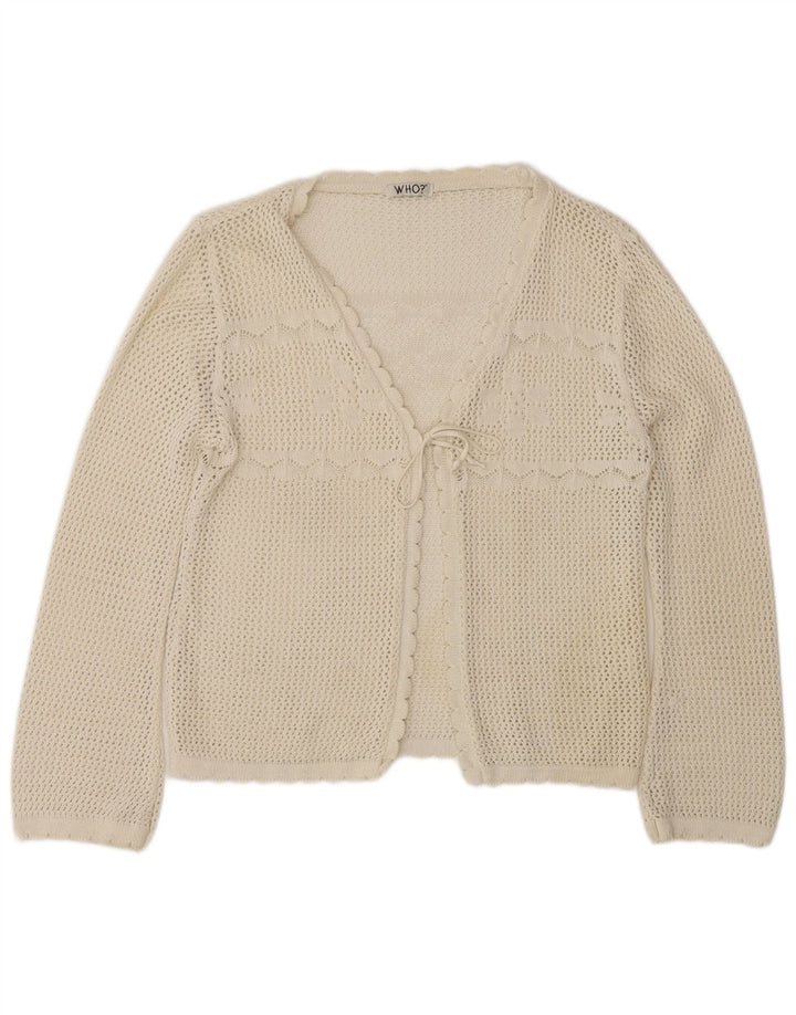 Suéter cardigã de crochê feminino vintage Reino Unido 12 médio branco