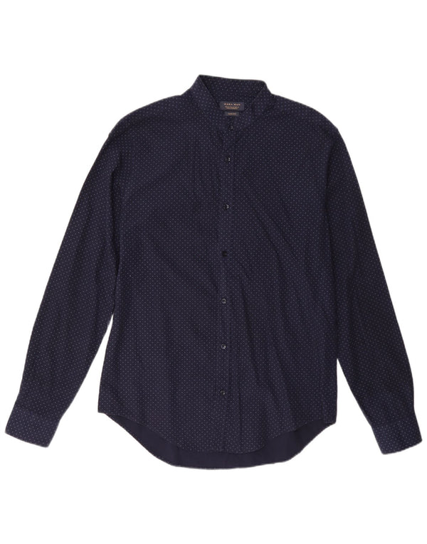 Camisa masculina Zara Slim Fit médio algodão manchado azul marinho