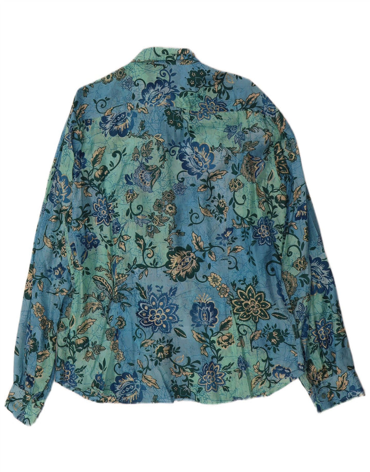 Camisa masculina vintage 2XL seda floral azul