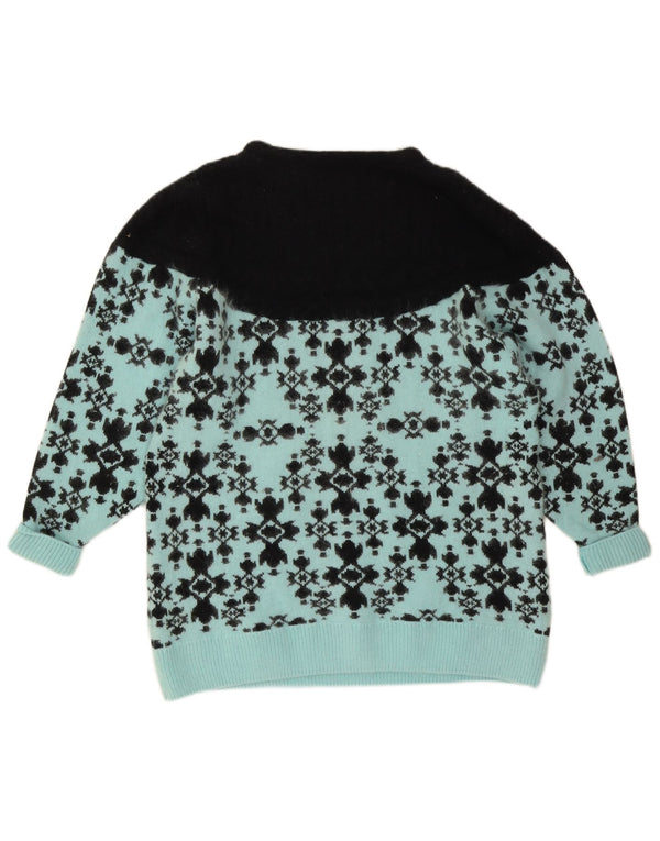 Suéter feminino vintage com gola canoa Reino Unido 14/16 grande lã azul Fair Isle