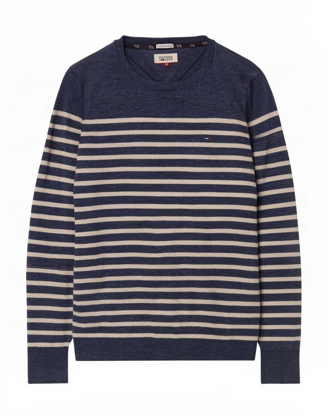 Tommy Hilfiger Suéter masculino com gola canoa médio listrado azul marinho