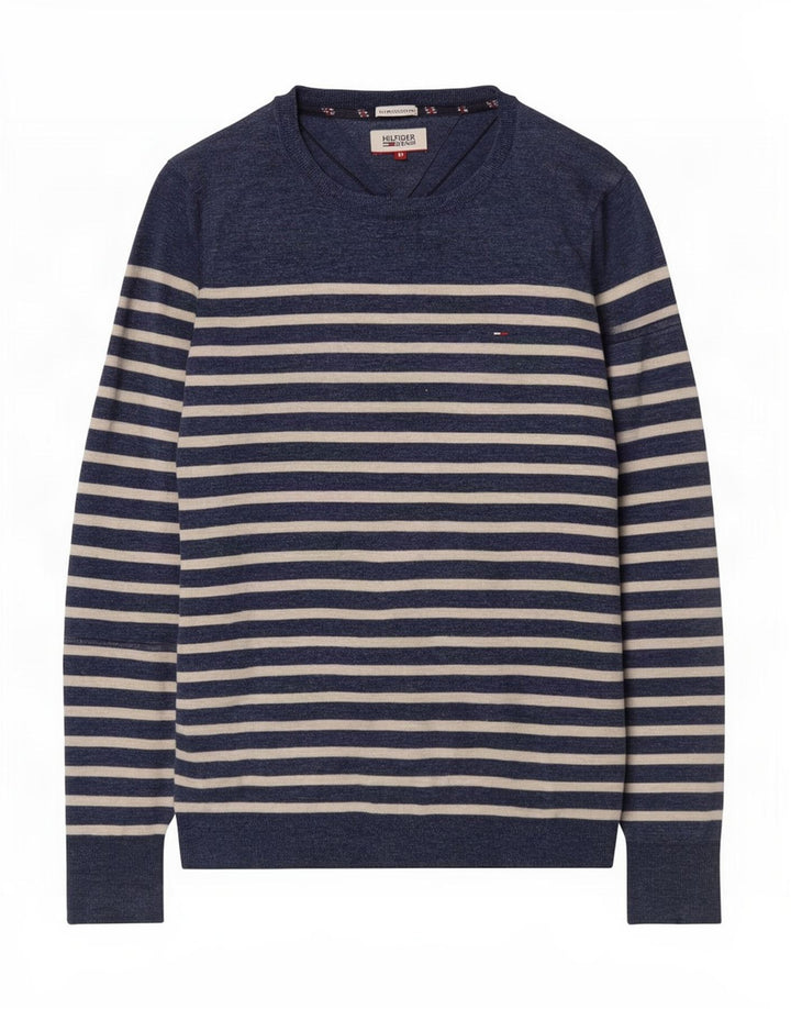Tommy Hilfiger Suéter masculino com gola canoa médio listrado azul marinho