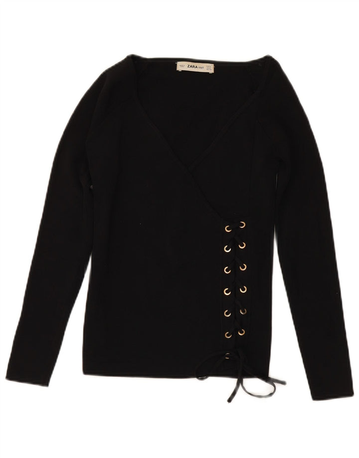 Suéter feminino ZARA manga 3/4 com decote em V Reino Unido 10 pequeno preto viscose