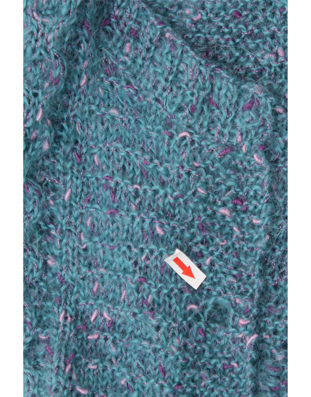 Suéter cardigã aberto feminino vintage UK 12 médio azul manchado