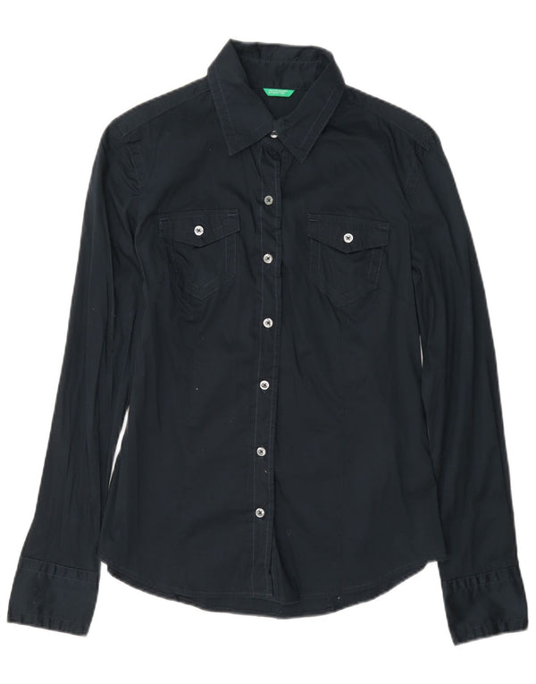 Camisa feminina Benetton UK 10 pequena algodão azul marinho