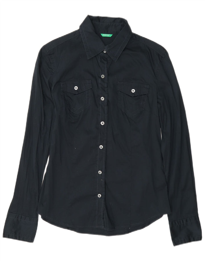 Camisa feminina Benetton UK 10 pequena algodão azul marinho