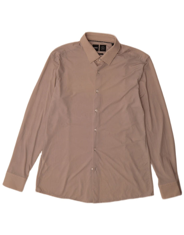 Camisa masculina Hugo Boss Slim Fit tamanho 42 16 1/2 grande bege poliamida