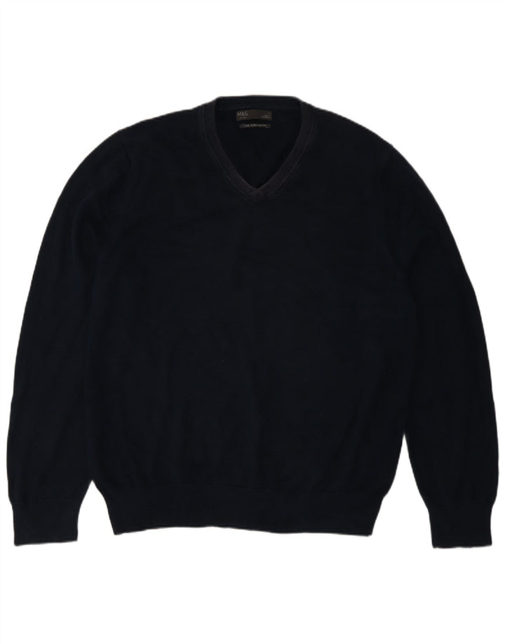 Suéter masculino Marks & Spencer com decote em V, grande, azul marinho, algodão, clássico