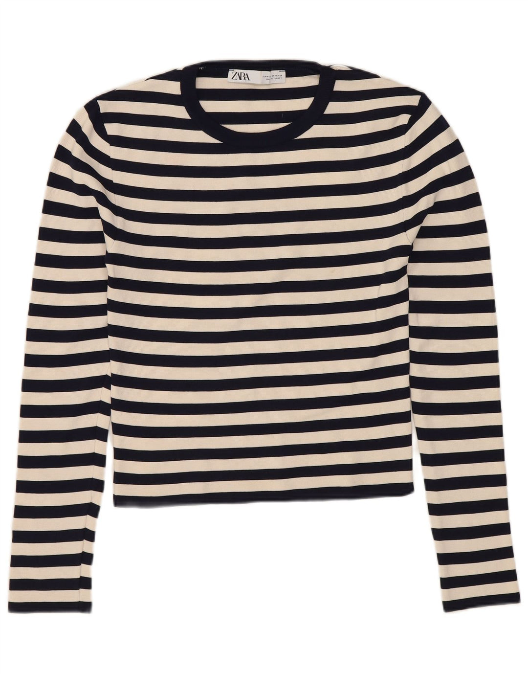 ZARA Top curto feminino manga comprida UK 12 médio azul marinho listrado poliamida