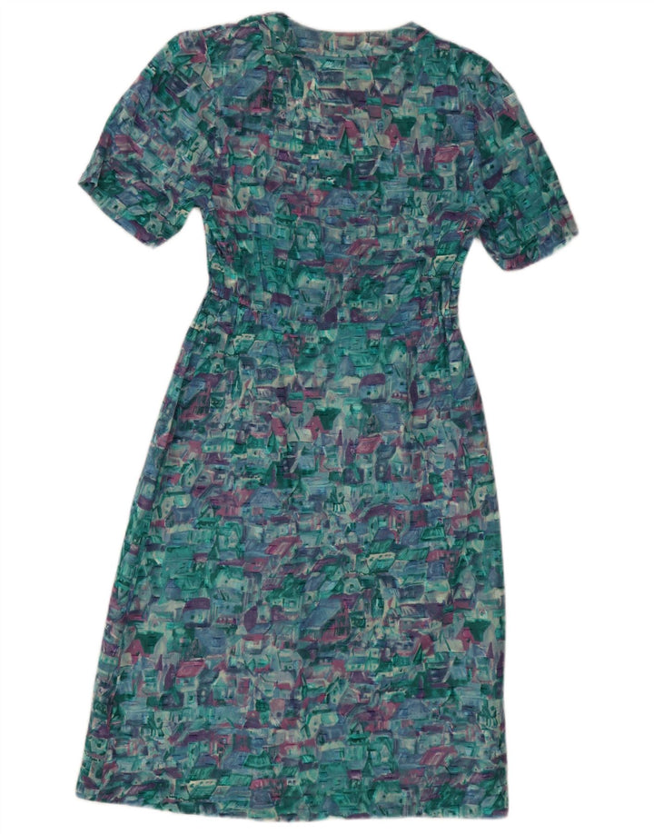 Vestido vintage feminino com padrão abstrato linha A UK 12 azul médio