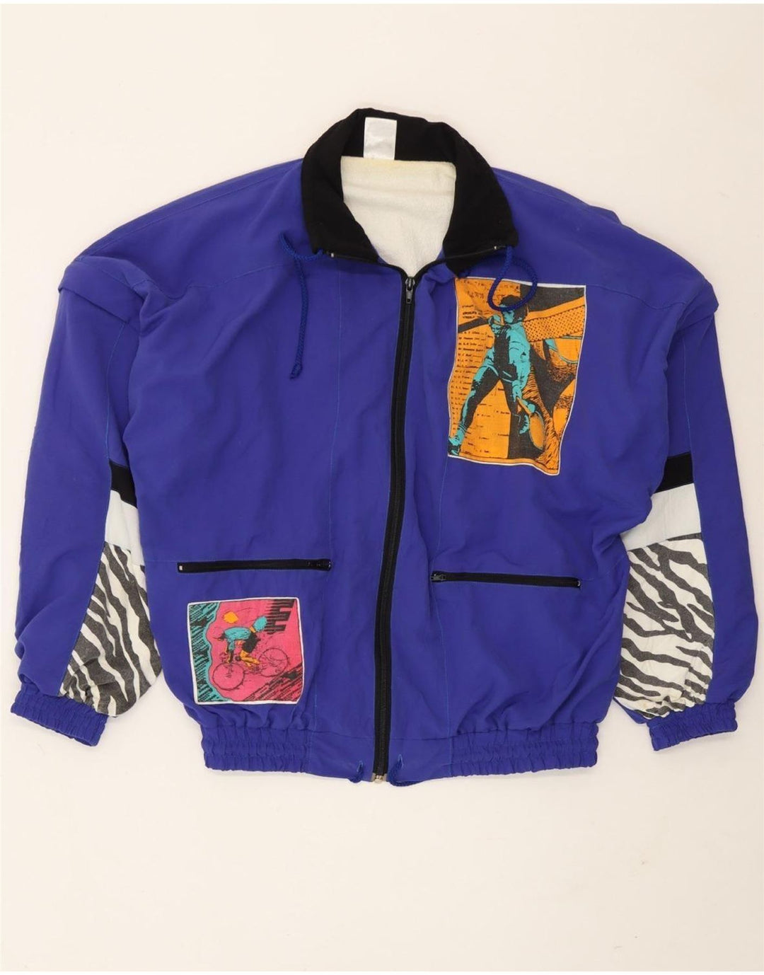 Casaco de treino gráfico masculino vintage, jaqueta média azul patchwork poliamida