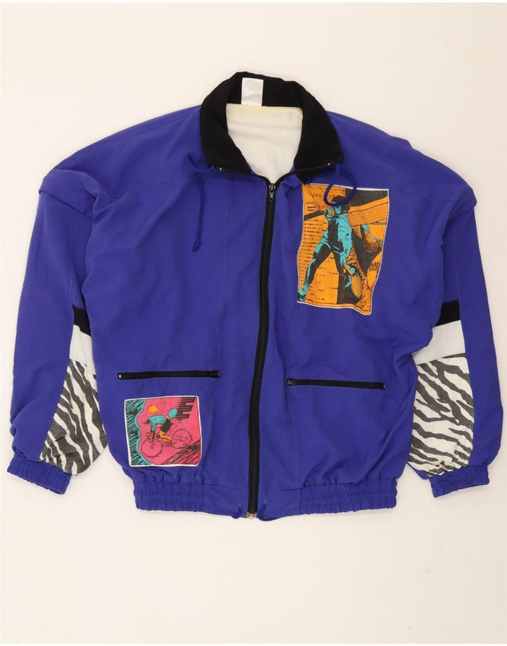 Casaco de treino gráfico masculino vintage, jaqueta média azul patchwork poliamida