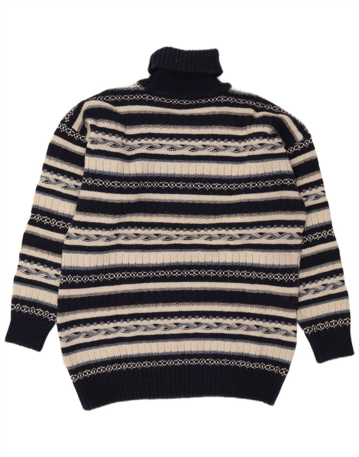 Suéter vintage masculino com gola redonda, lã listrada azul marinho médio