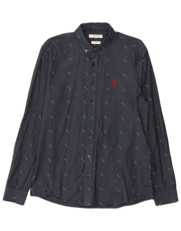 US Polo Assn. Masculino Abstract Padrão Slim Camisa Algodão Azul Marinho Médio