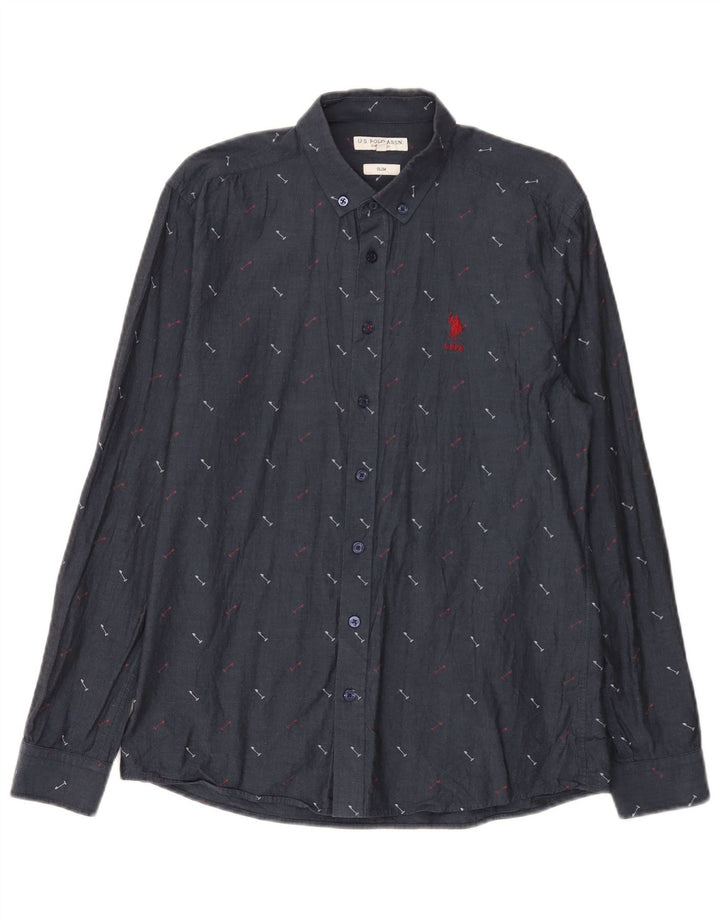 US Polo Assn. Masculino Abstract Padrão Slim Camisa Algodão Azul Marinho Médio