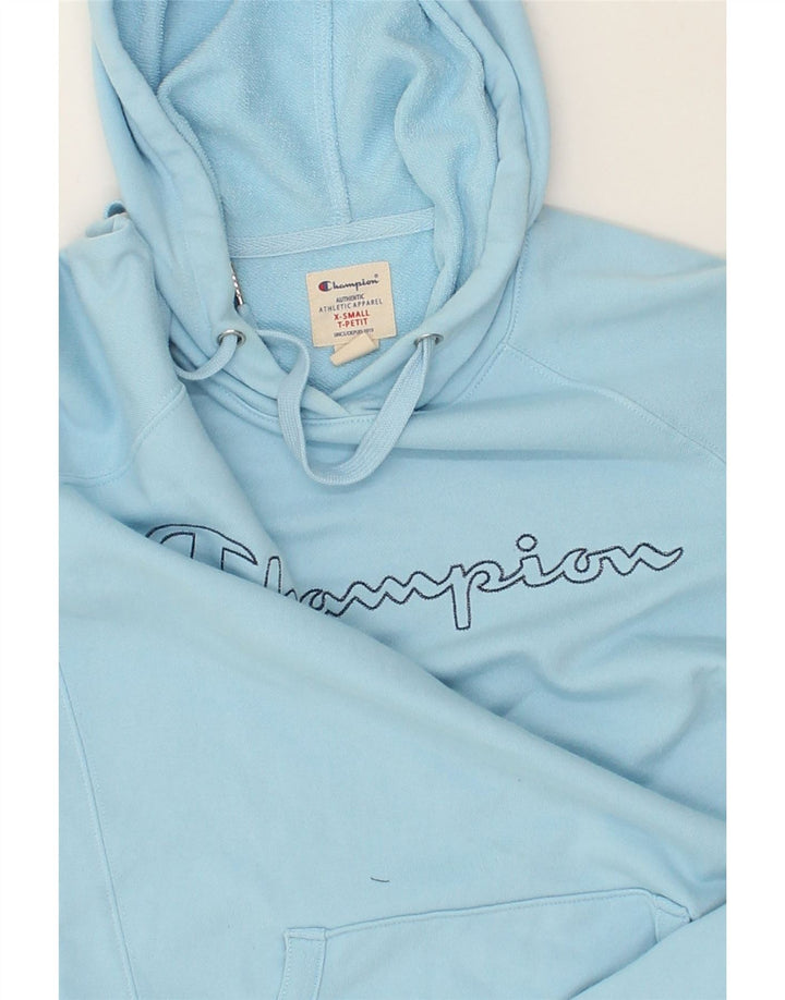 CHAMPION Mens Petite Graphic Hoodie Jumper XS Blue Cotton | Vintage Champion | Thrift | Second-Hand Champion | Used Clothing | Messina Hembry 