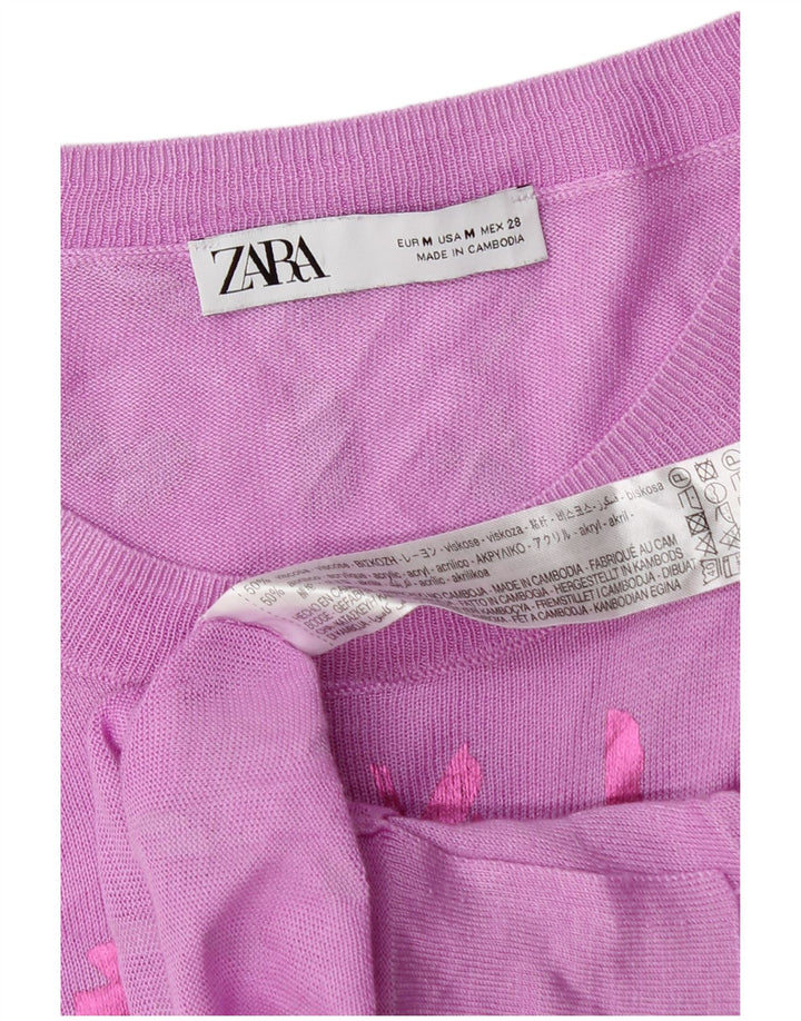 Zara Suéter feminino com estampa abstrata e gola redonda Reino Unido 14 rosa médio