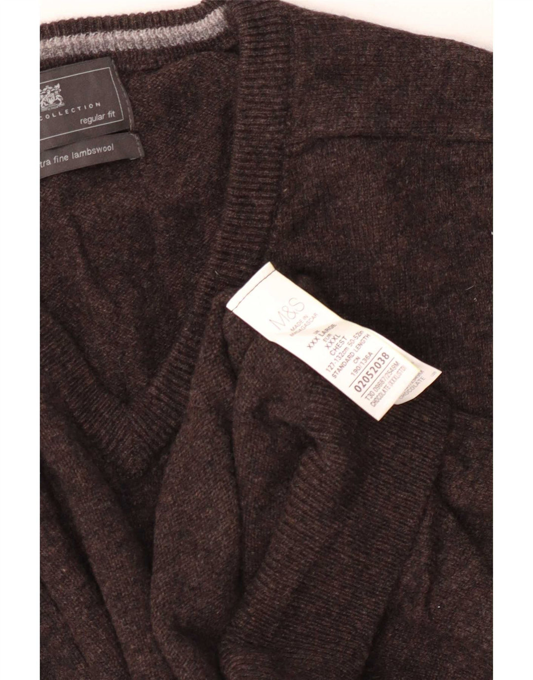 Suéter masculino Marks & Spencer com ajuste regular e decote em V 3XL lã marrom