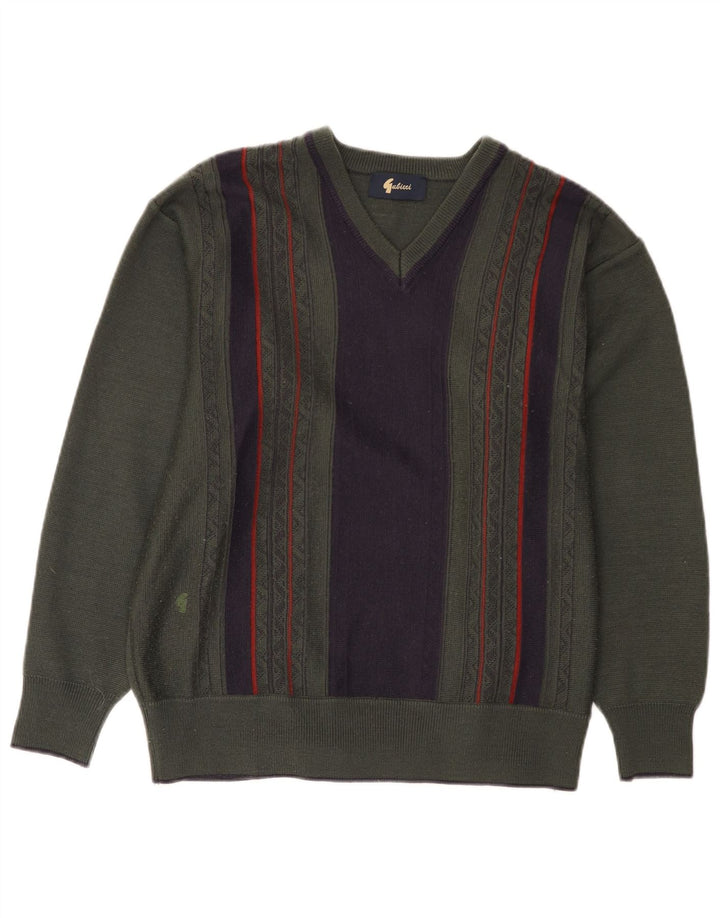 Suéter masculino Gabicci com decote em V, lã colorblock médio cáqui