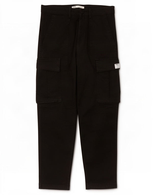 Zara Mens Straight Cargo Trousers EU 40 Medium W31 L28 Black Cotton