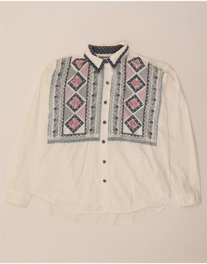 Blusa feminina vintage de grandes dimensões Reino Unido 14 algodão geométrico branco médio