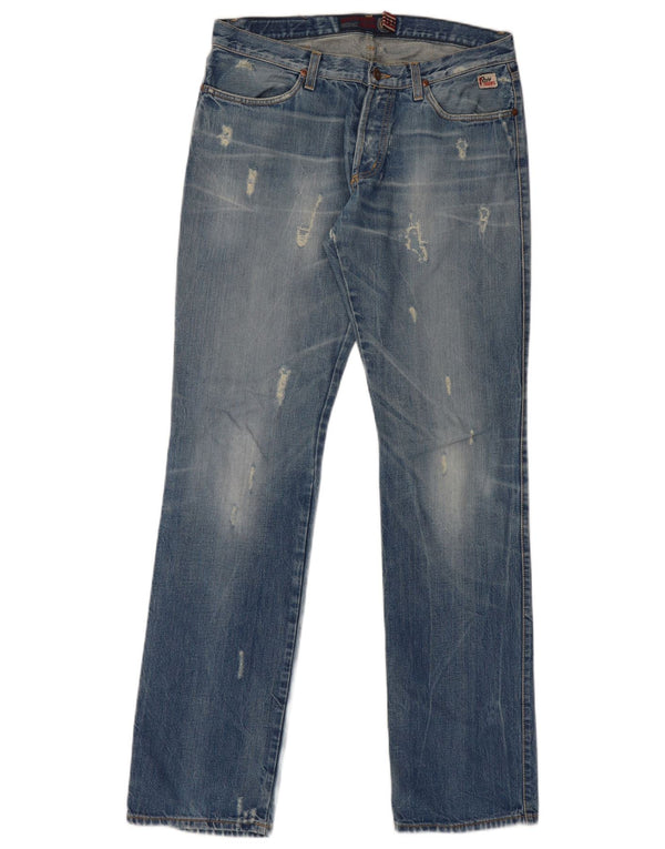 Calça jeans reta masculina Roy Rogers desgastada W34 L36 algodão azul